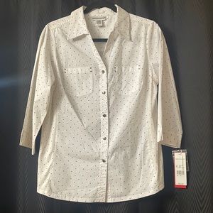 REBECCA MALONE size small blouse. White with black dots. New!